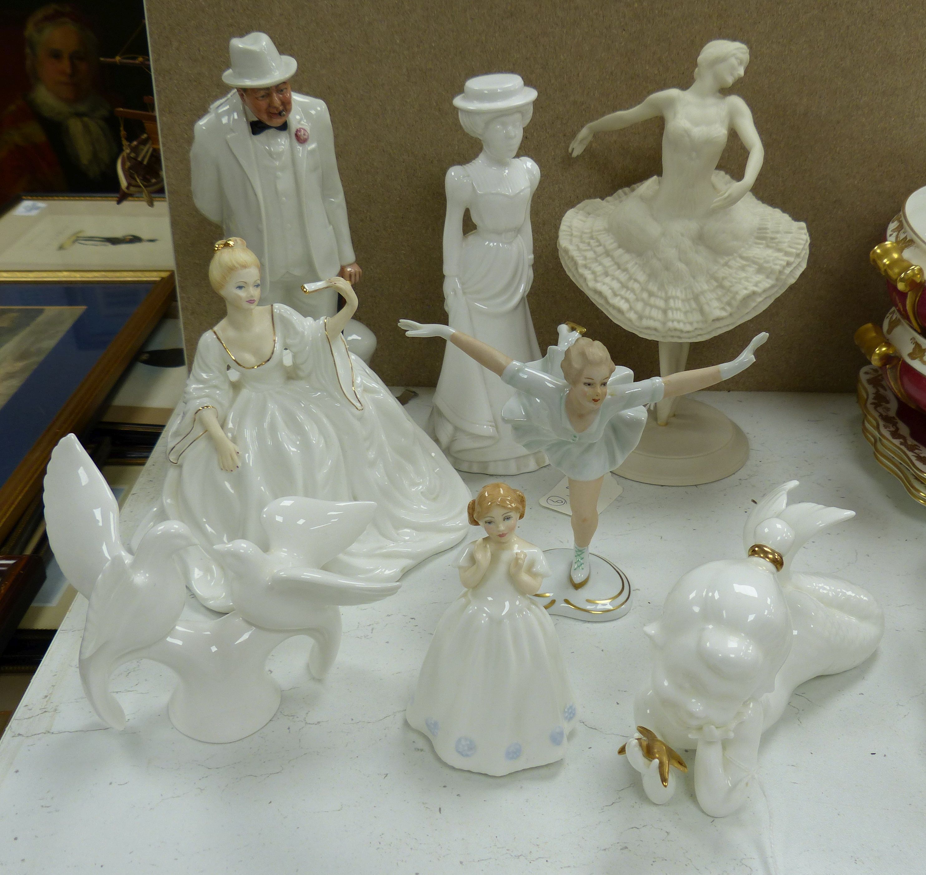 Eight ceramic figures, including a Royal Doulton 'Sir Winston Churchill', Copeland, Spode, 'Anna Pavlova', etc